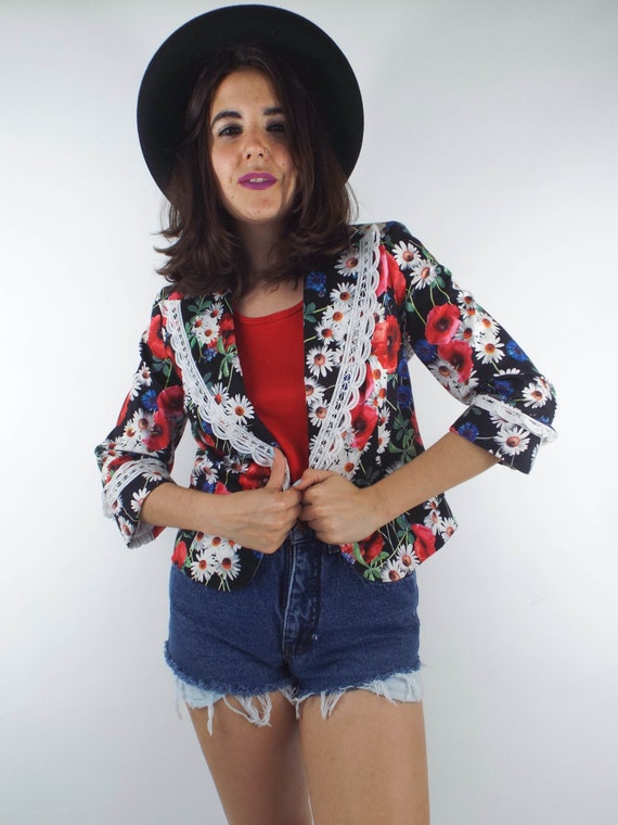 Vintage 90s Cropped Lace Trim Floral Print Blazer