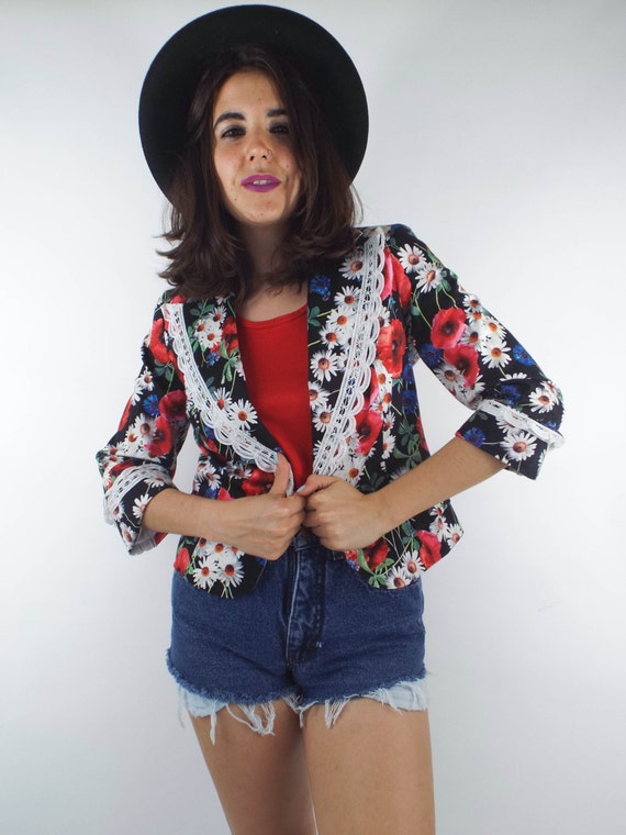 Vintage 90s Cropped Lace Trim Floral Print Blazer - image 1