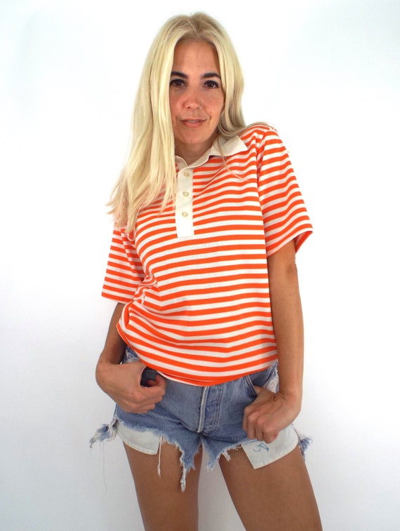 Vintage 70s Polyester Striped Polo Top - Etsy Vintage 70s Polyester Striped Polo Top - Etsy