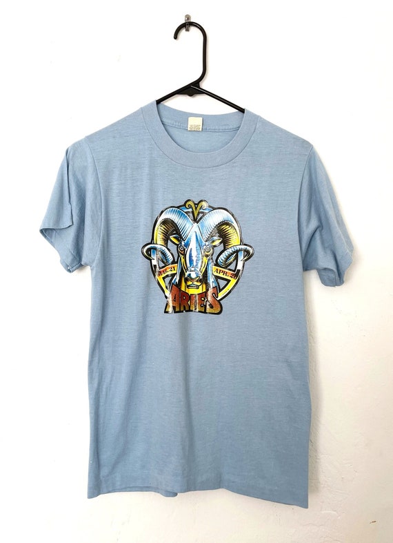 Vintage 70s Baby Blue Glittery Aries Zodiac Sign T