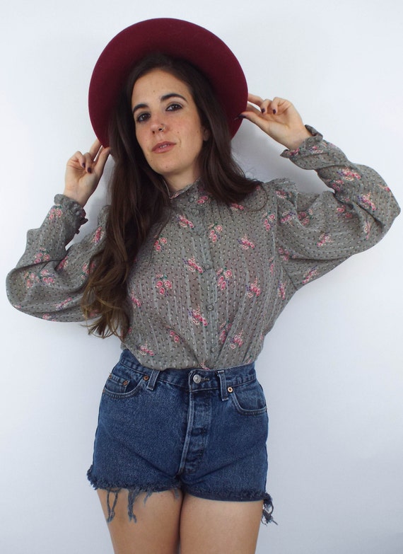 Vintage 80s Ruffled Floral Print Chiffon Blouse