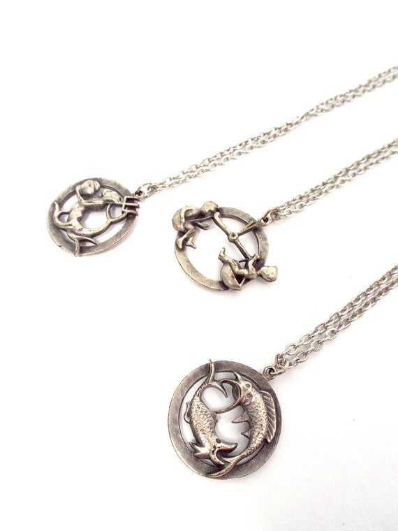 Vintage 70s Silver Tone Zodiac Charm Necklace - M… - image 3