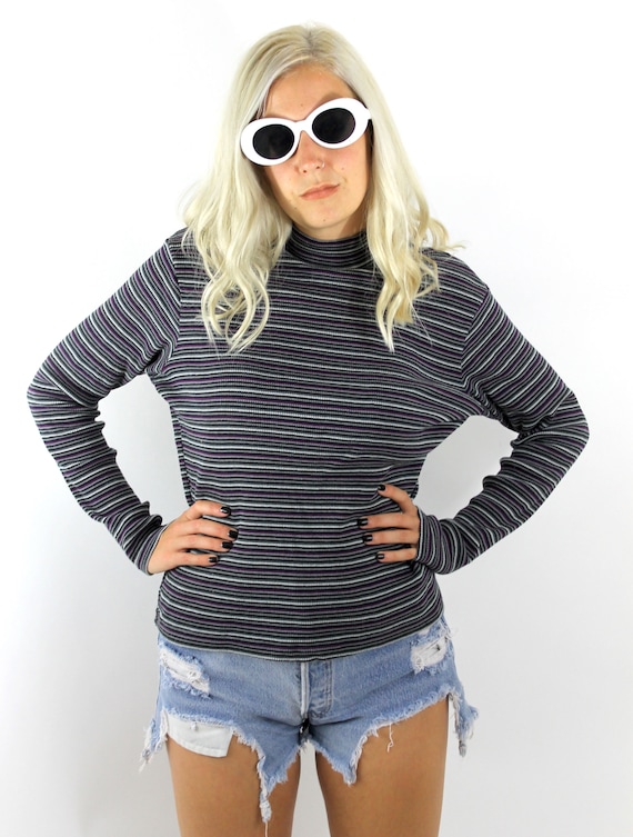 Vintage 90s Textured Purple Striped Turtleneck Tee