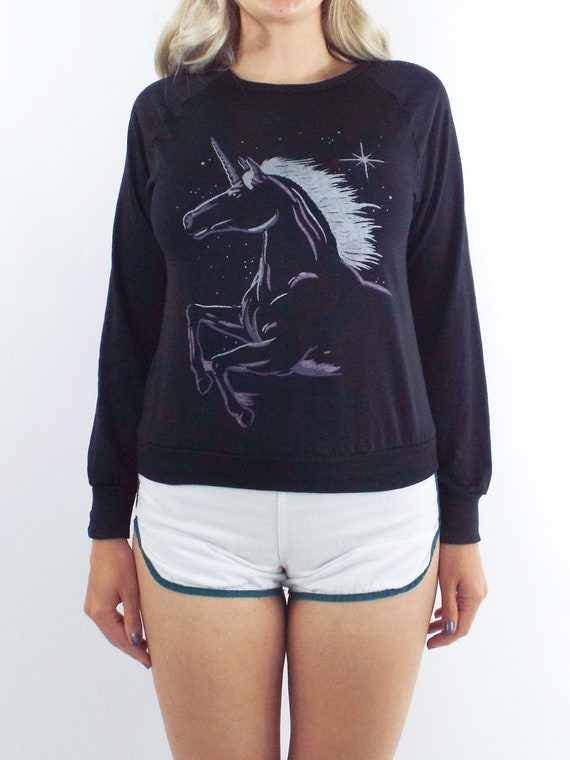 Vintage 80s Black Long Sleeve Unicorn Tee - image 3