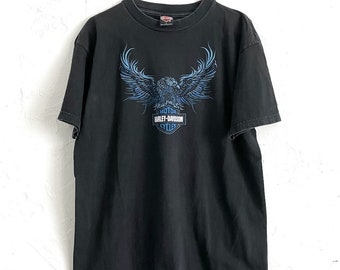 Vintage Y2K Black and Blue Eagle Design Harley Tee