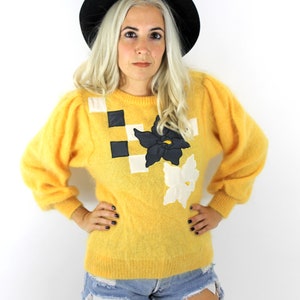 Vintage 80s Yellow Flower Design Mohair Sweater image 3