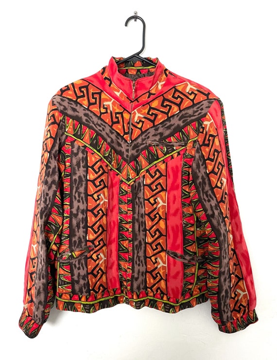 Vintage 90s Orange and Red Silk Tribal Print Bomb… - image 1