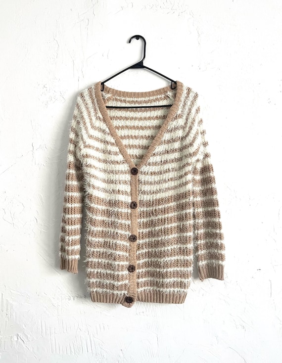 Vintage 90s Tan and White Fuzzy Striped Cardigan - image 1