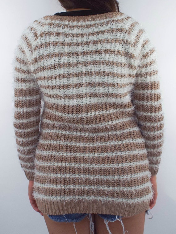 Vintage 90s Tan and White Fuzzy Striped Cardigan - image 8