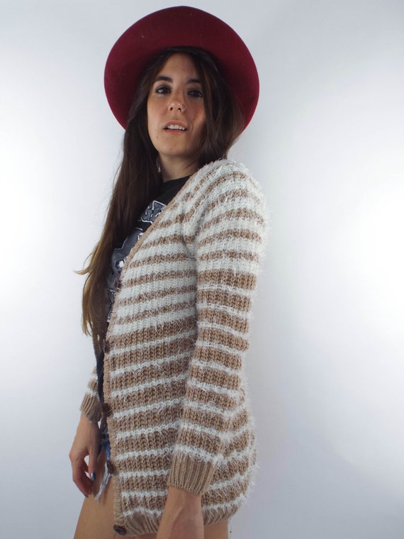Vintage 90s Tan and White Fuzzy Striped Cardigan - image 6