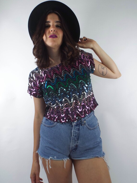 Vintage 80s Colorful Sequined Crop Top - image 3