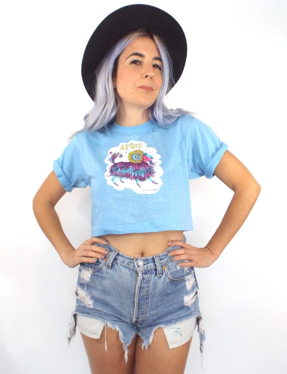 Vintage 70s Aries Baby Blue Cropped Tee