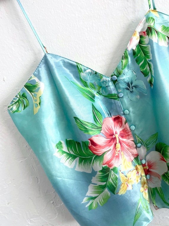 Vintage Silky Baby Blue Tropical Floral Print Tank - image 2