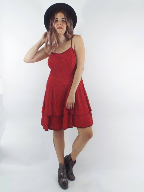 Vintage 80s Silk Ruby Red Beaded Skater Dress - image 4