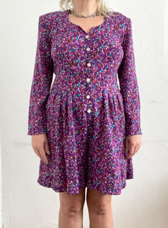 Vintage 80s Purple Long Sleeve Floral Print Romper - image 3