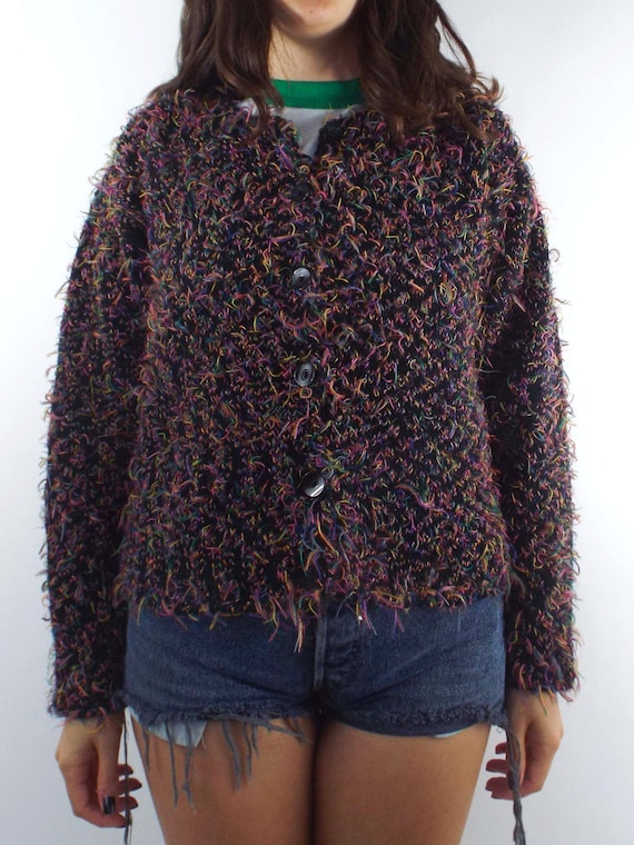 Vintage 90s Colorful Fuzzy Cropped Cardigan - image 2