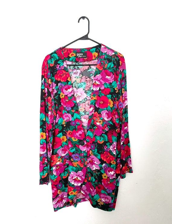 Vintage 80s Bright Long Pink and Red Floral Print 