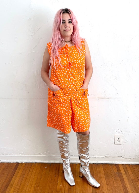 Vintage 70s Orange and White Polka Dot Print Rompe