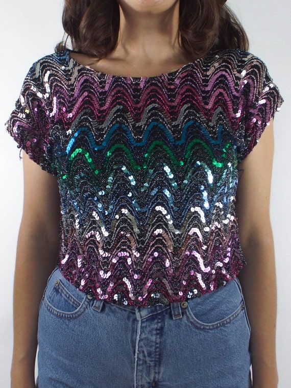 Vintage 80s Colorful Sequined Crop Top - image 2