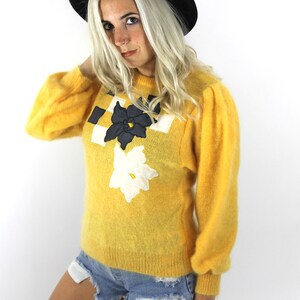 Vintage 80s Yellow Flower Design Mohair Sweater image 2