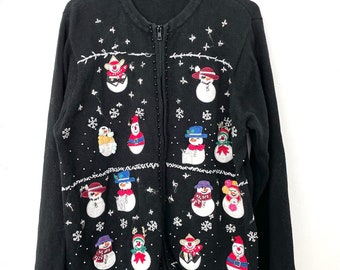 Vintage 90s Beaded Zipper Front Snow Globe Design Ugly Christmas Sweater Cardigan