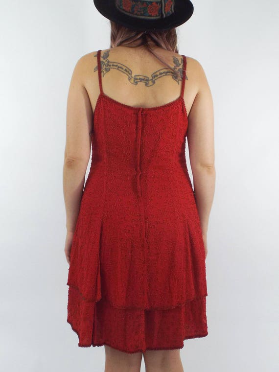 Vintage 80s Silk Ruby Red Beaded Skater Dress - image 5