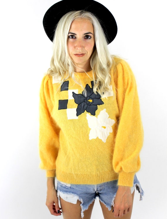 Vintage 80s Yellow Flower Design Mohair Sweater