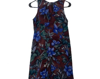 Vintage 90s Brown and Blue Floral Print Shift Dress