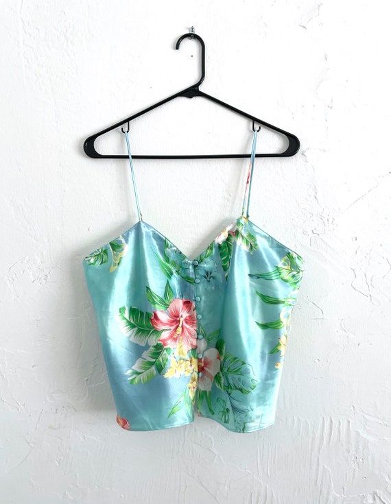 Vintage Silky Baby Blue Tropical Floral Print Tank - image 1