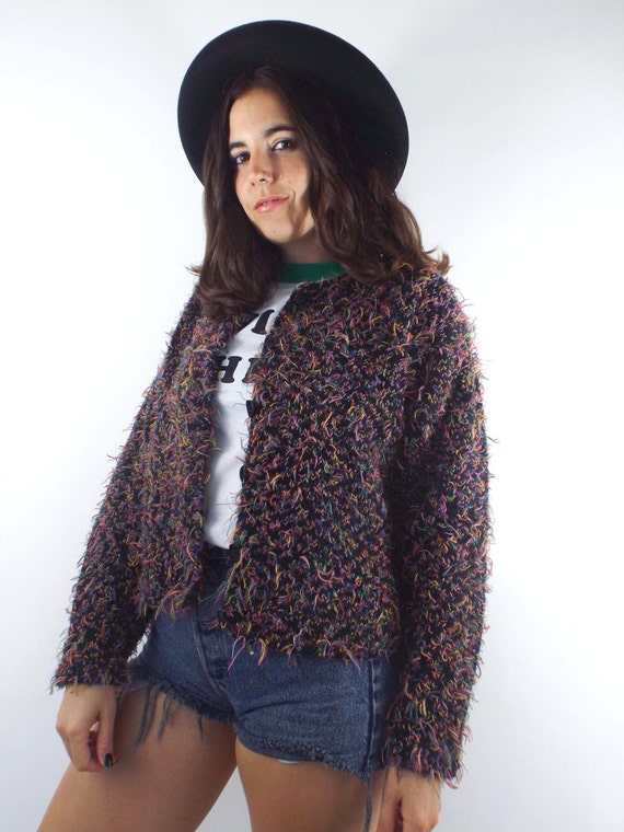 Vintage 90s Colorful Fuzzy Cropped Cardigan - image 3