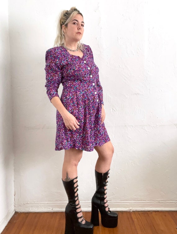 Vintage 80s Purple Long Sleeve Floral Print Romper - image 5