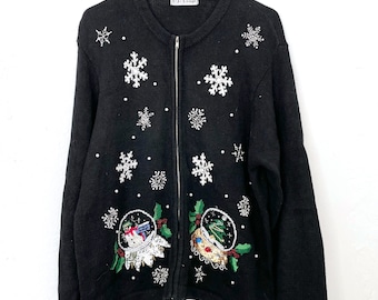 Vintage 90s Beaded Zipper Front Snow Globe Design Ugly Christmas Sweater Cardigan