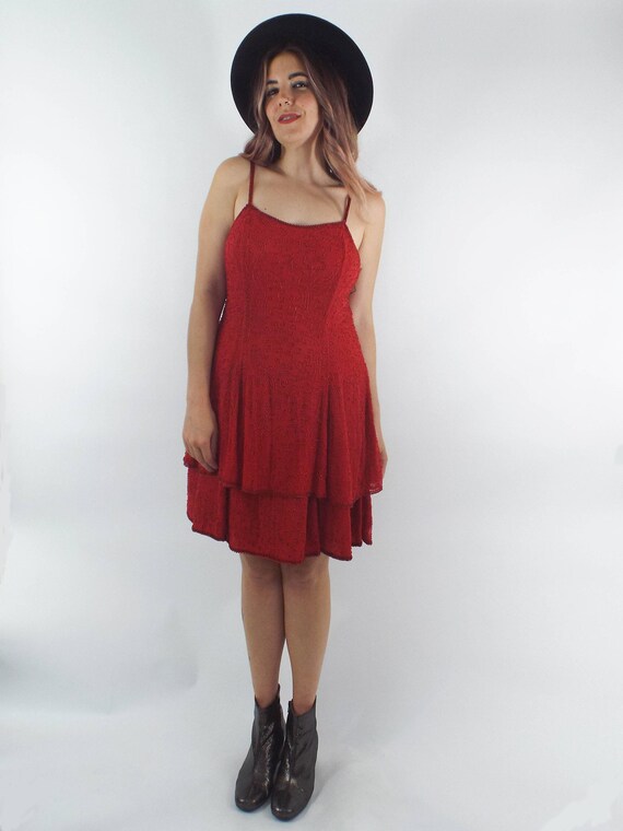 Vintage 80s Silk Ruby Red Beaded Skater Dress - image 1