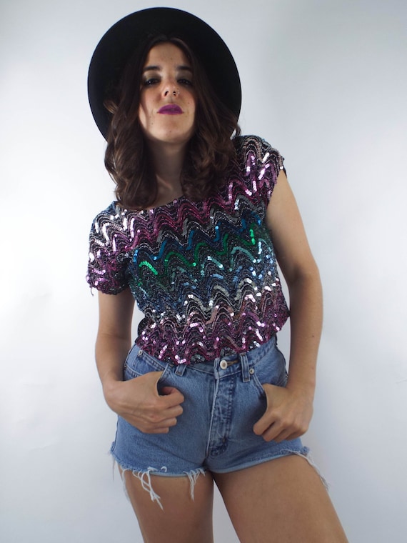 Vintage 80s Colorful Sequined Crop Top - image 1