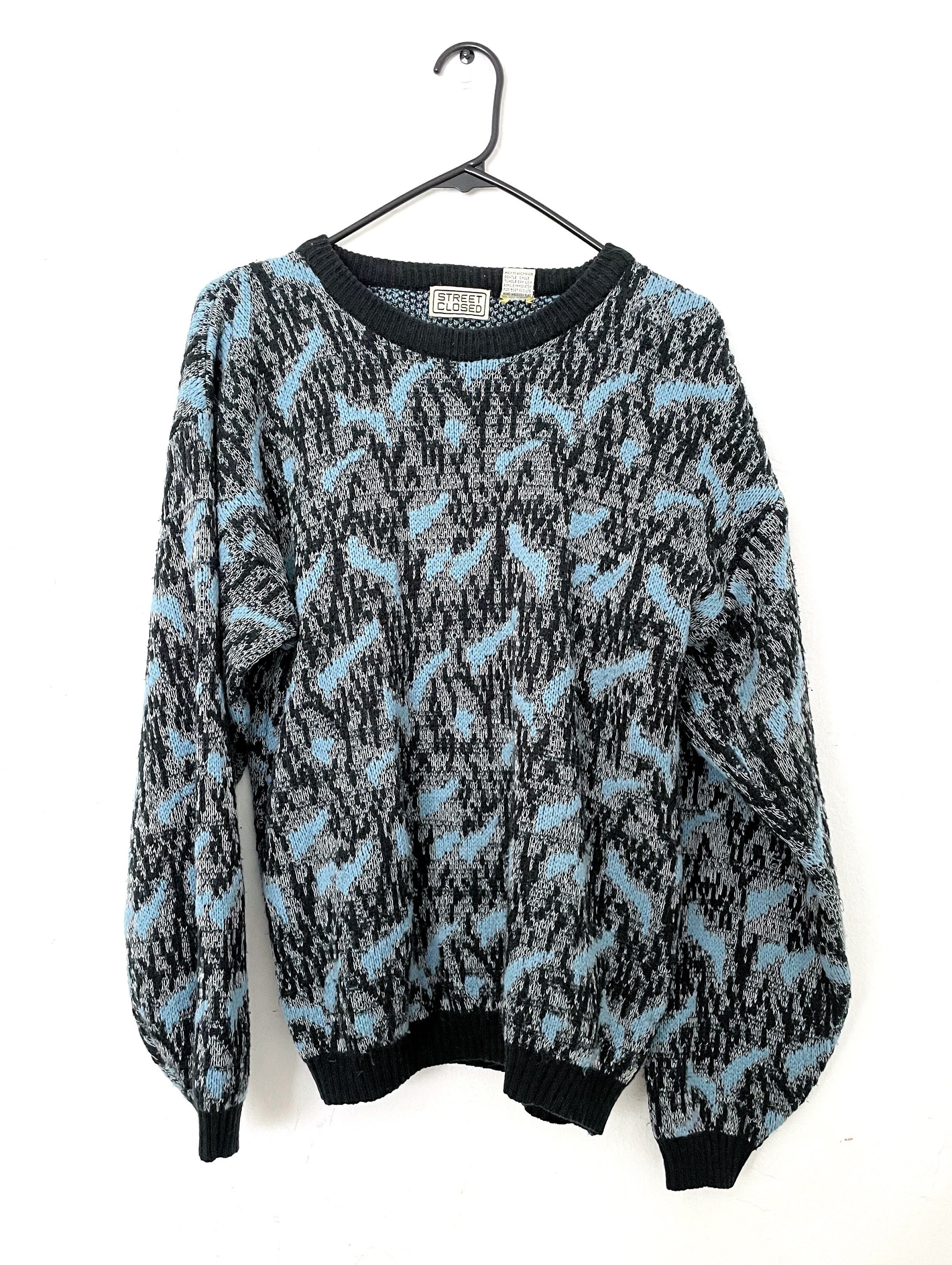 Vintage 80s Cozy Oversized Black and Blue Graphic Sweater - Etsy 