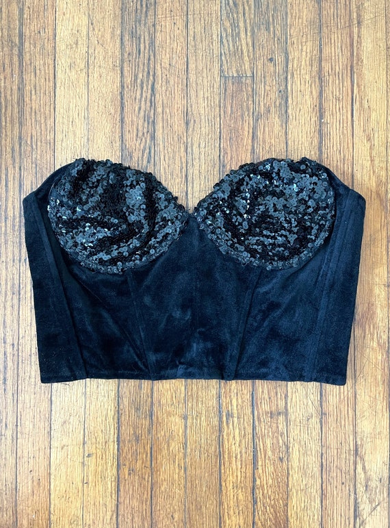 Vintage Cropped Black Velvet Sequined Bustier Bra 