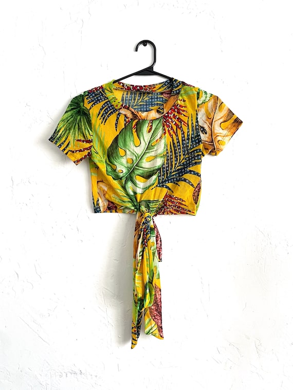 Vintage Y2K Tropical Print Tie Front Mesh Crop Top