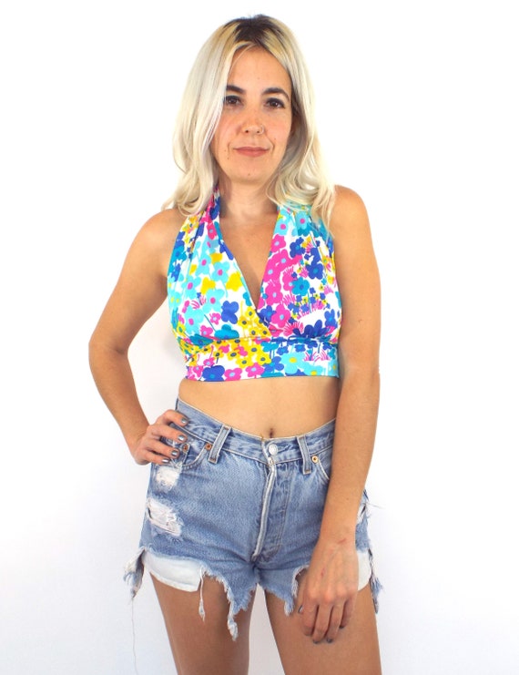 Vintage 70s Pink and Blue Floral Print Halter Top