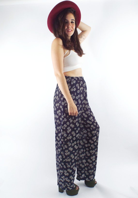 Vintage 90s High-Waist Chiffon Daisy Print Pants