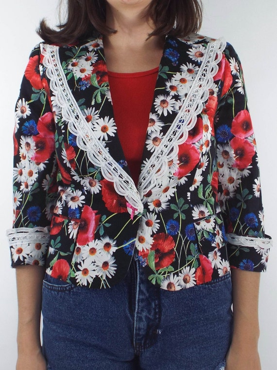 Vintage 90s Cropped Lace Trim Floral Print Blazer - image 4