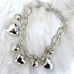 Vintage 80s Faux Silver Chunky Heart Chain Necklace