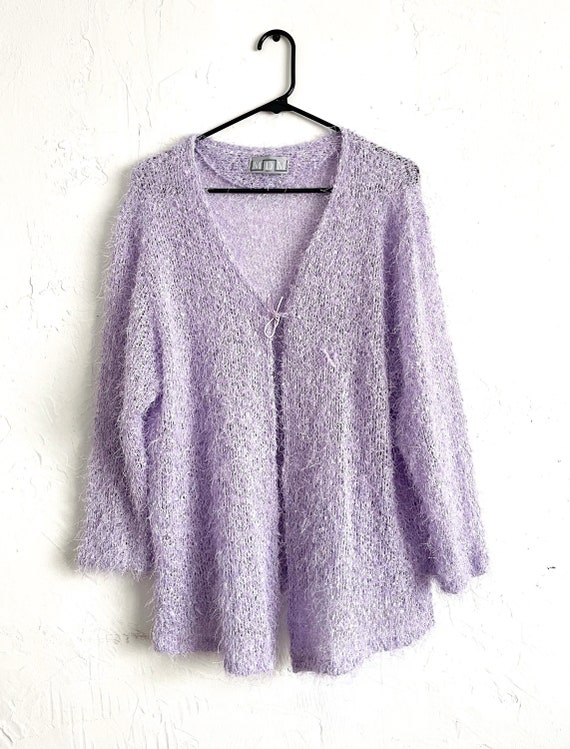 Vintage Y2K Purple Fuzzy Tie Front Cardigan