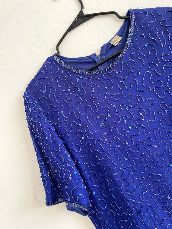 Vintage 80s Blue Silk Sequined and Beaded Midi Dr… - image 2