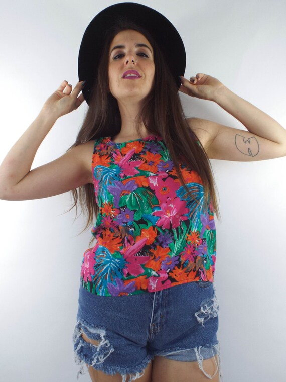 Vintage 90s Colorful Floral Print Tank - image 1