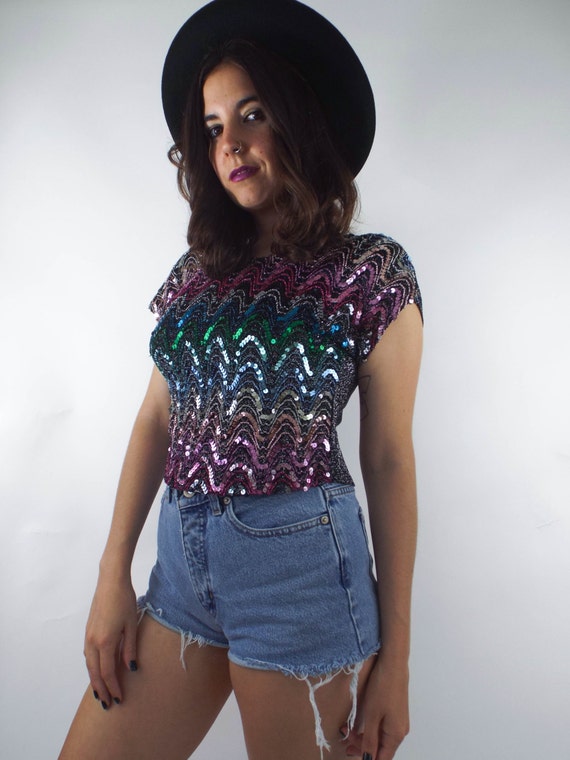 Vintage 80s Colorful Sequined Crop Top - image 4