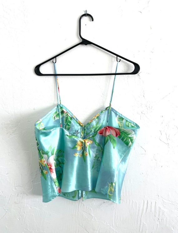 Vintage Silky Baby Blue Tropical Floral Print Tank - image 3