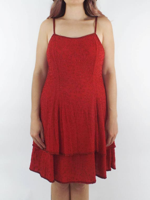 Vintage 80s Silk Ruby Red Beaded Skater Dress - image 2