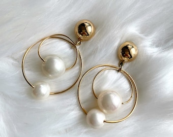 Vintage Faux Gold Dangling Pearl Hoop Earrings