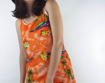 Vintage 90s Orange Tropical Print Mini Sundress