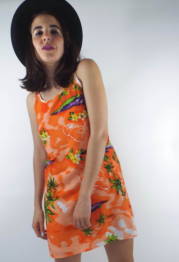 Vintage 90s Orange Tropical Print Mini Sundress